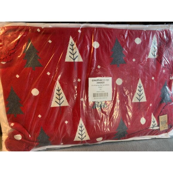 Creative Co-Op Cotton Knit Lumbar Trees and Tassels Pillows Red White Grey - New - Picture 5 of 10